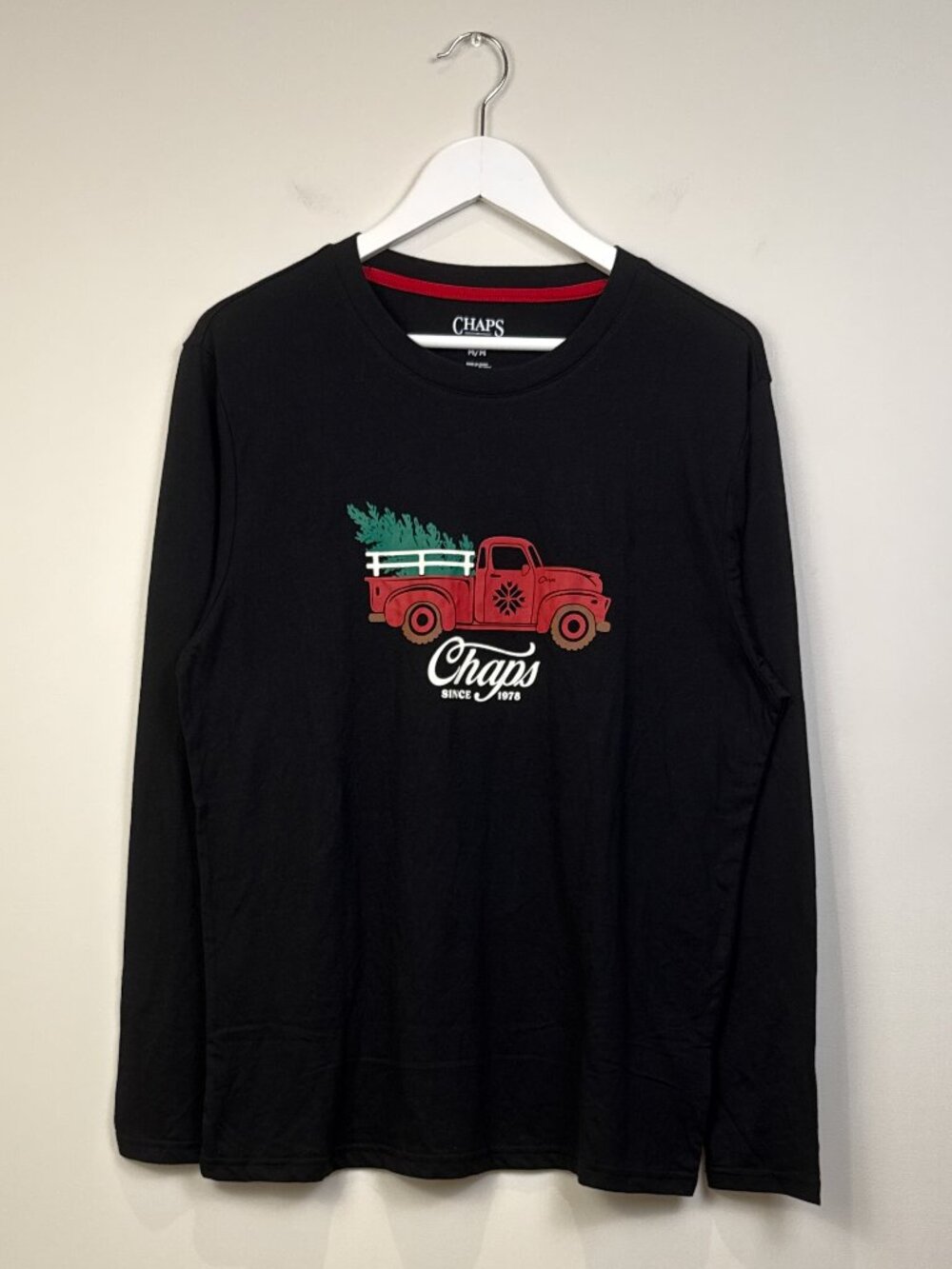 Chaps Mens M Black Christmas Tree Truck Sleep Shirt Long Sleeve Cotton Blend Tee